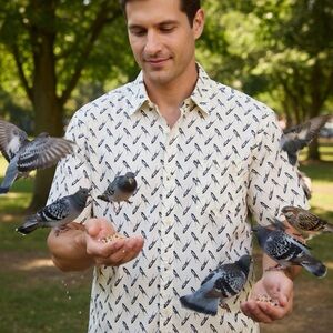 Amazon Essentials Off White Short-Sleeve Shirt Bird Print Stretch Cotton Poplin